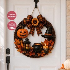 Halloween Porch Decor Front Door Wooden Sign Fall Welcome Wreath Wall Hanging