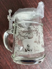 Glass Stein With Pewter Lid Etched Deer in Forest Scene 16 Ounce Capacity