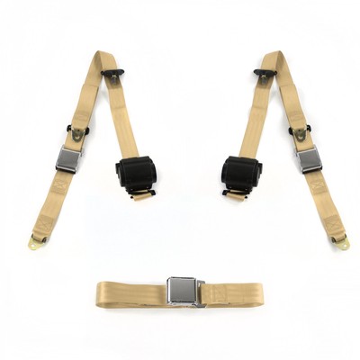 Ford 1952 - 1954 Airplane 3pt Tan Retractable Bench Seat Belt Kit - 3 Belts rat