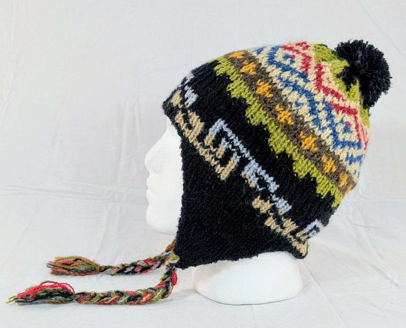 Colorful Soft Alpaca Chullo Black Beanie Pom Pom Earflap Unisex Handmade Boho