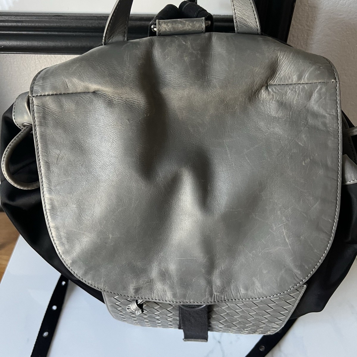 Bottega Veneta Grey Black Intrecciato Leather and Nylon Flap  display picture 2