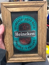 Heineken Lager Beer Sign Green Foil Art w/Wood Frame 1975 10 x 7 Vintage BEER