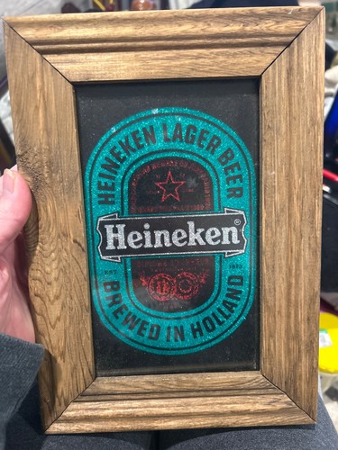 Heineken Lager Beer Sign Green Foil Art w/Wood Frame 1975 10 x 7 Vintage BEER