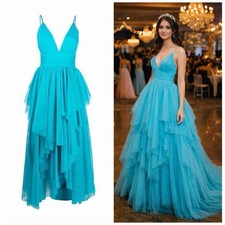 Alice + Olivia Doja Tulle Gown Blue Aqua V-Neck Prom Formal Dress US 2 NWT 🟡