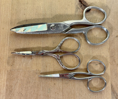 3 Vtg Scissors, Electrician's WISS USA 175E, Italy Koenig and Decorative Handle