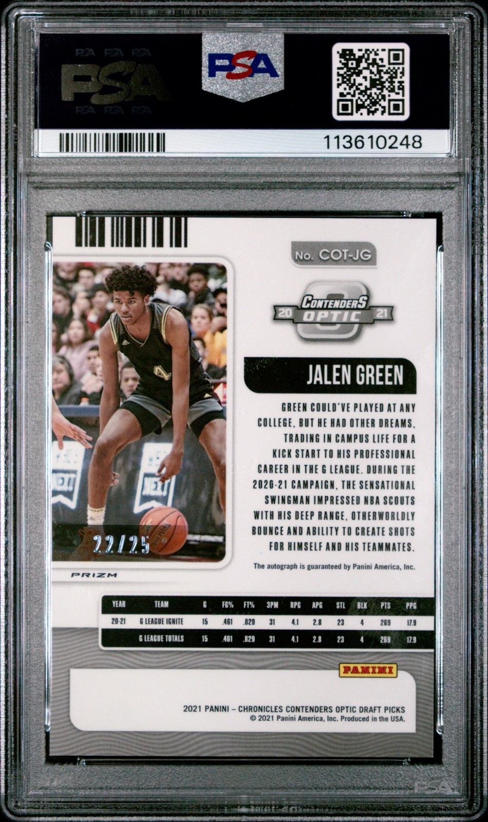 2021 PANINI DP CONTENDERS OPTIC JALEN GREEN #/25 AUTO COLLEGE TICKET PSA 10 RC view 2