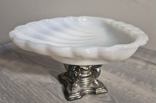 Vintage Milk Glass Silver Metal Shell Pedesta...