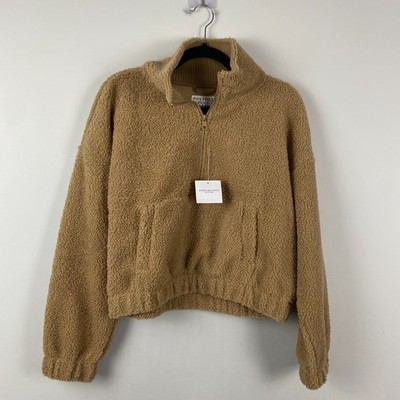 American Eagle Sherpa Half Zip Sweater Size XS Tan Brown Crop Oversized Fleece