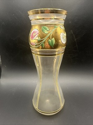 Antique Czech Moser Bohemian Glass Vase Gold Gild Pink White Flower Raise Enamel