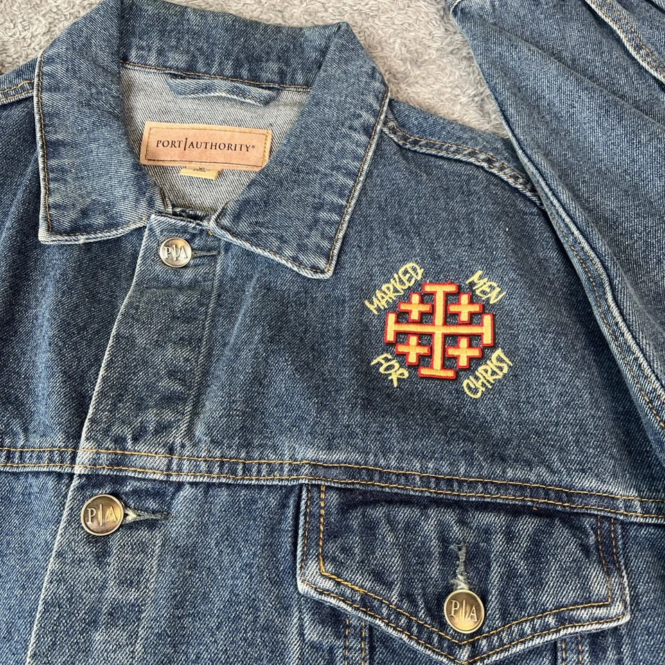 Denim Jacket  Port Authority  Mens XL Blue Denim Trucker  Marked Men For Christ - Image 2 of 4