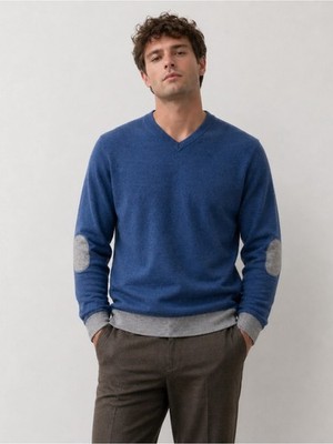 Neiman Marcus Sz L Merino Wool Blend Men's Blue V-Neck Sweater   Elbow Patches