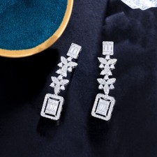 Silver Plated Cubic Zirconia Flower Leaf Dangle Drop Earrings for Women Wedding