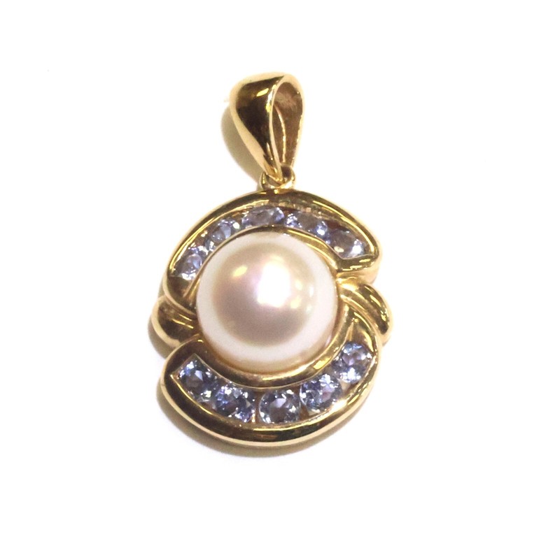 14k yellow gold Natural pearl Tanzanite gemstone cluster pendant 2.8g estate