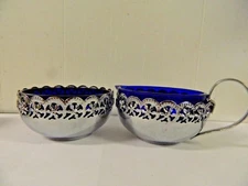 Celtic Quality Plate England Cream & Open Sugar w/ Cobalt Glass Bowls 