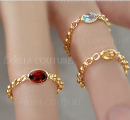$395NUEVO ANILLO CADENA ART DECO FACETADO ORO AMARILLO 14K NATURAL AAA CITRINO OVALADO 6 MM
