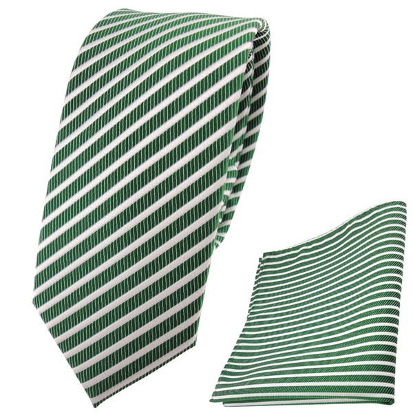 Schmale Tigertie Krawatte + Einstecktuch GrüN SmaragdgrüN Silber Weiß Gestreift-image