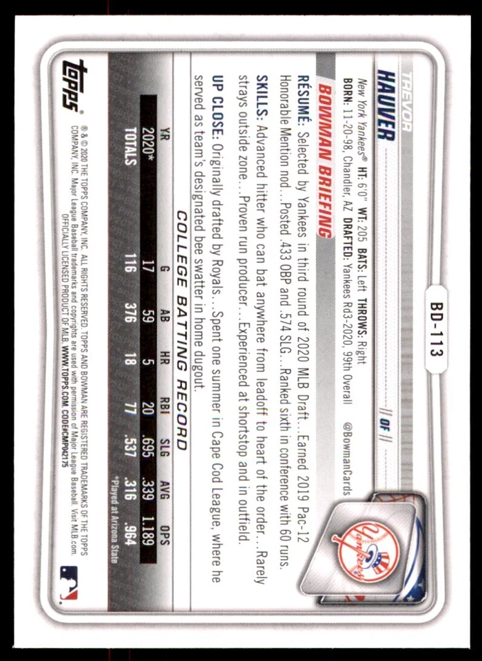 2020 Bowman Draft #BD113 Trevor Hauver - Image 2 of 2