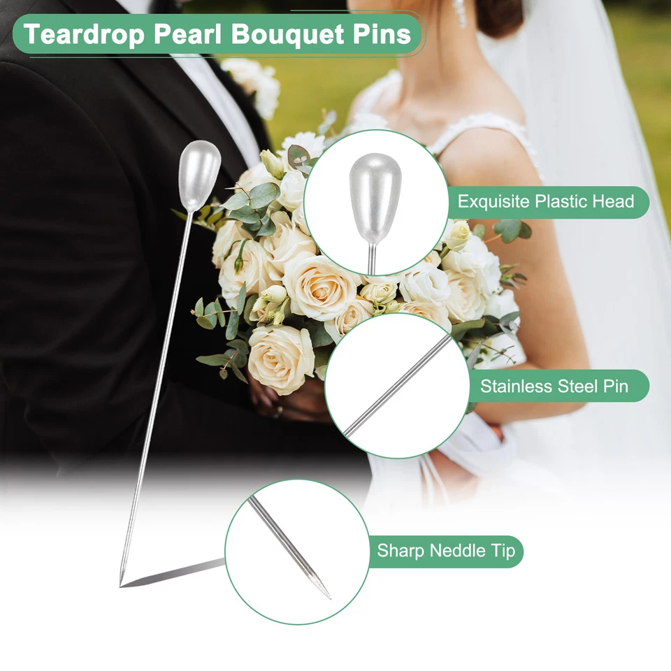 100-Pack Corsage Boutonnieres Pins, 5.5cm Teardrop Pearl Straight Pin White Foto 2 de 4