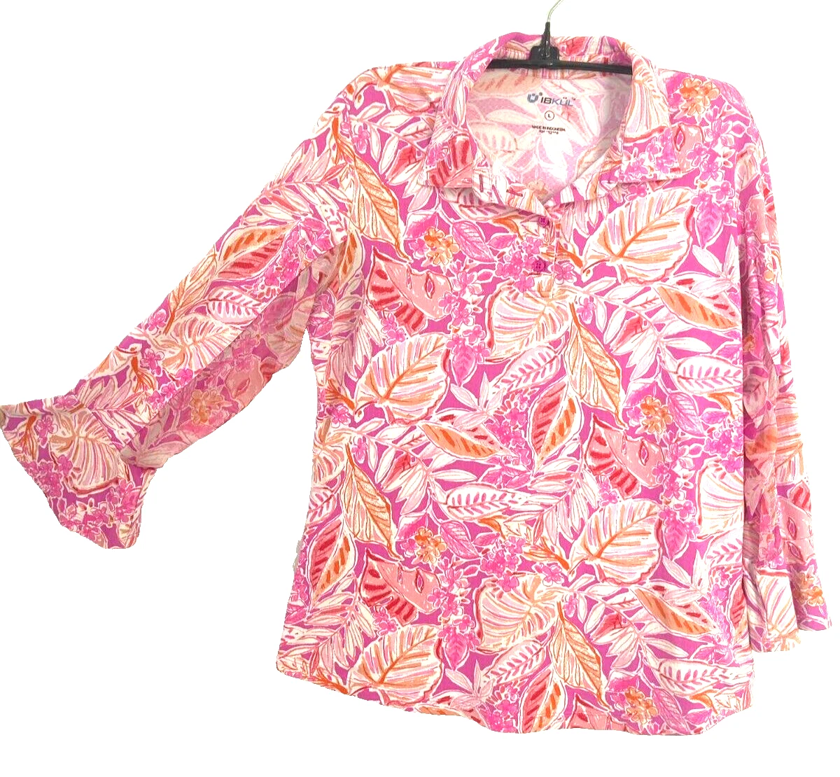 IBKUL Sun Swim Shirt Top L Vented Mesh 3/4 BELL Slv Collar Pink Blue Golf Tennis