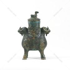 9.8" China Shang Dynasty,Double-ram-shaped bronze wine vessel[Double-ram Zun]