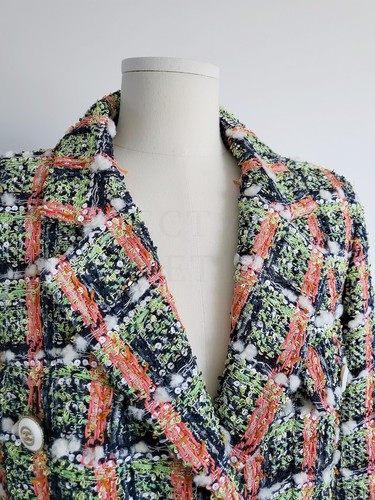 *W/TAG FR34* CHANEL 20C CORAL&GREEN CHECK TWEED JACKET - Picture 4 of 6