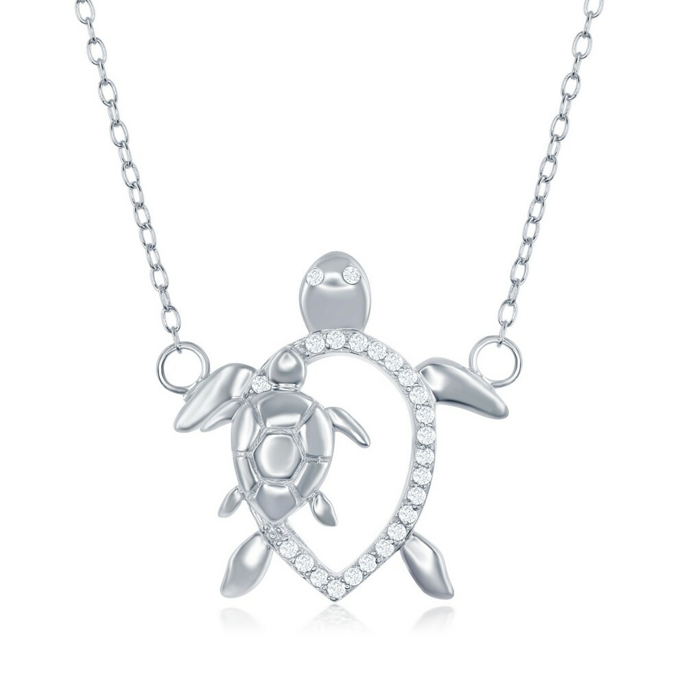 Черепаха из чистого серебра с открытым фианитом и ожерельем в виде черепахи меньшего размера