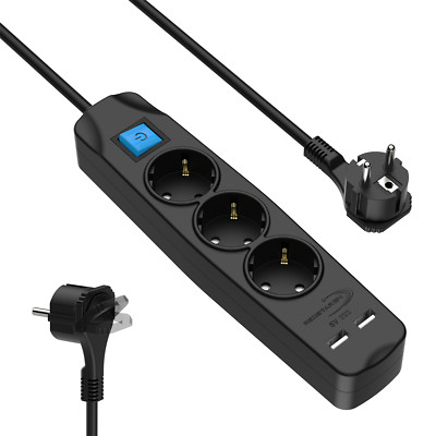 3m Steckdosenleiste mit USB 3 Fach 3er Verlängerungskabel Flachstecker Schwarz