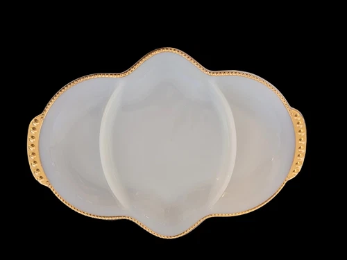 Fire King White Milk Glass Divided Dish Anchor Hocking Gold Trim Vintage MCM