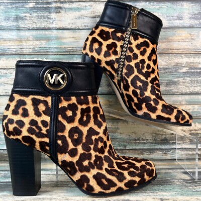 Michael Kors Ankle Boot Sz Brown Leather Leopard Faux Calf