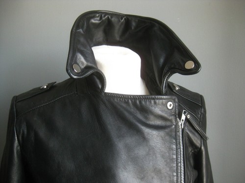 MANGO LEATHER BIKER JACKET punk small 8 6 black distressed cropped rock chick - Picture 7 of 23