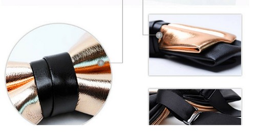 Hombres Adultos Oro Rosa + Negro PVC Imitación Cuero Pajarita Preciosa Pajarita Boda - Imagen 2 de 2