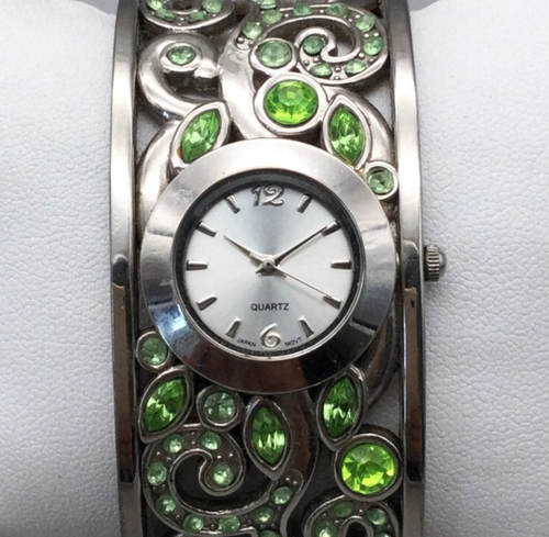 Scroll Green Bling Watch Women 26mm Crystal Silver Tone Open Cuff New Battery - Picture 2 of 15