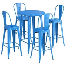30" Round Blue Metal Restaurant Bar Table Set with 4 Cafe Barstool Chairs