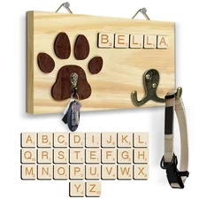 Natural Dog Leash Holder Wall Mount, Pet Harness Hanger with Scrabble Letters