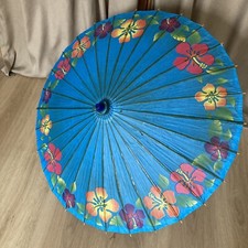 Vintage Japanese Bamboo and Rice Paper Blue  Floral Umbrella Parasol Floral 32  