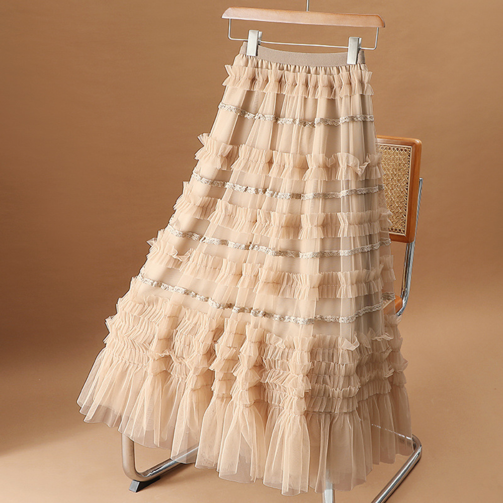 Women Tiered Ruffle Skirt Mesh Lace Layered Frill A-line