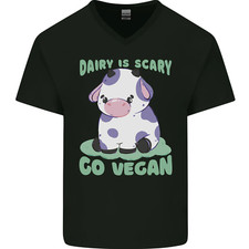 Dairy Is Scary Go Vegan Funny Mens V-Neck Cotton T-Shirt