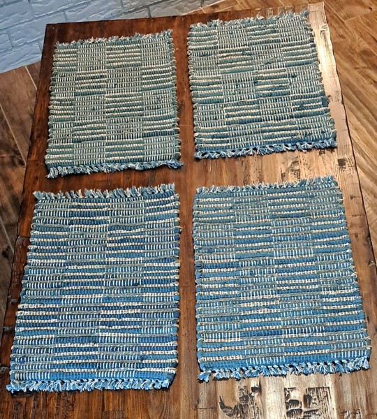 Hand-woven Rag Style Placemats With Fringe Ends X 4 Reversible & Sturdy 13"X21"