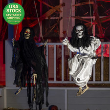 2 Pcs Halloween Hanging Swinging Ghosts LED Lighted Skeleton Outdoor Decor