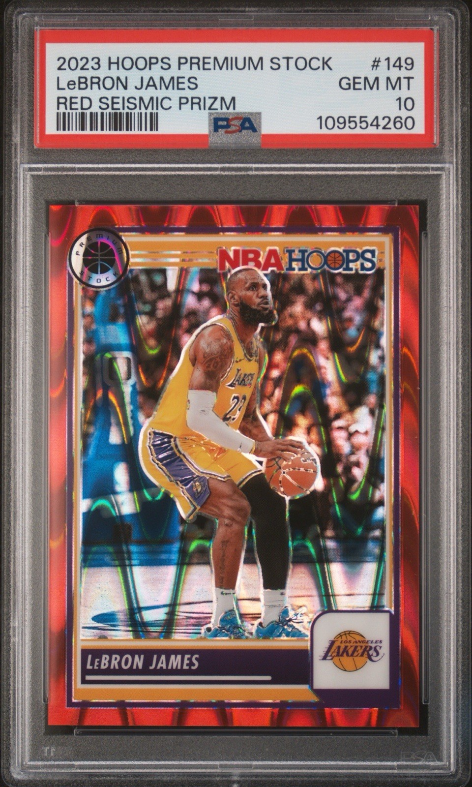 2023 Hoops Premium Stock #149 LeBRON JAMES Red Seismic Prizm /199 PSA 10 Lakers