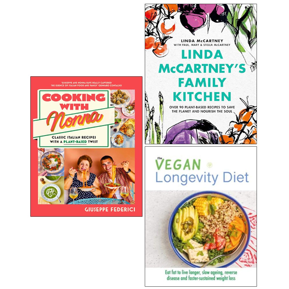 Cooking with Nonna(HB), Linda McCartney's(HB), Vegan Longevity Diet 3 Books Set
