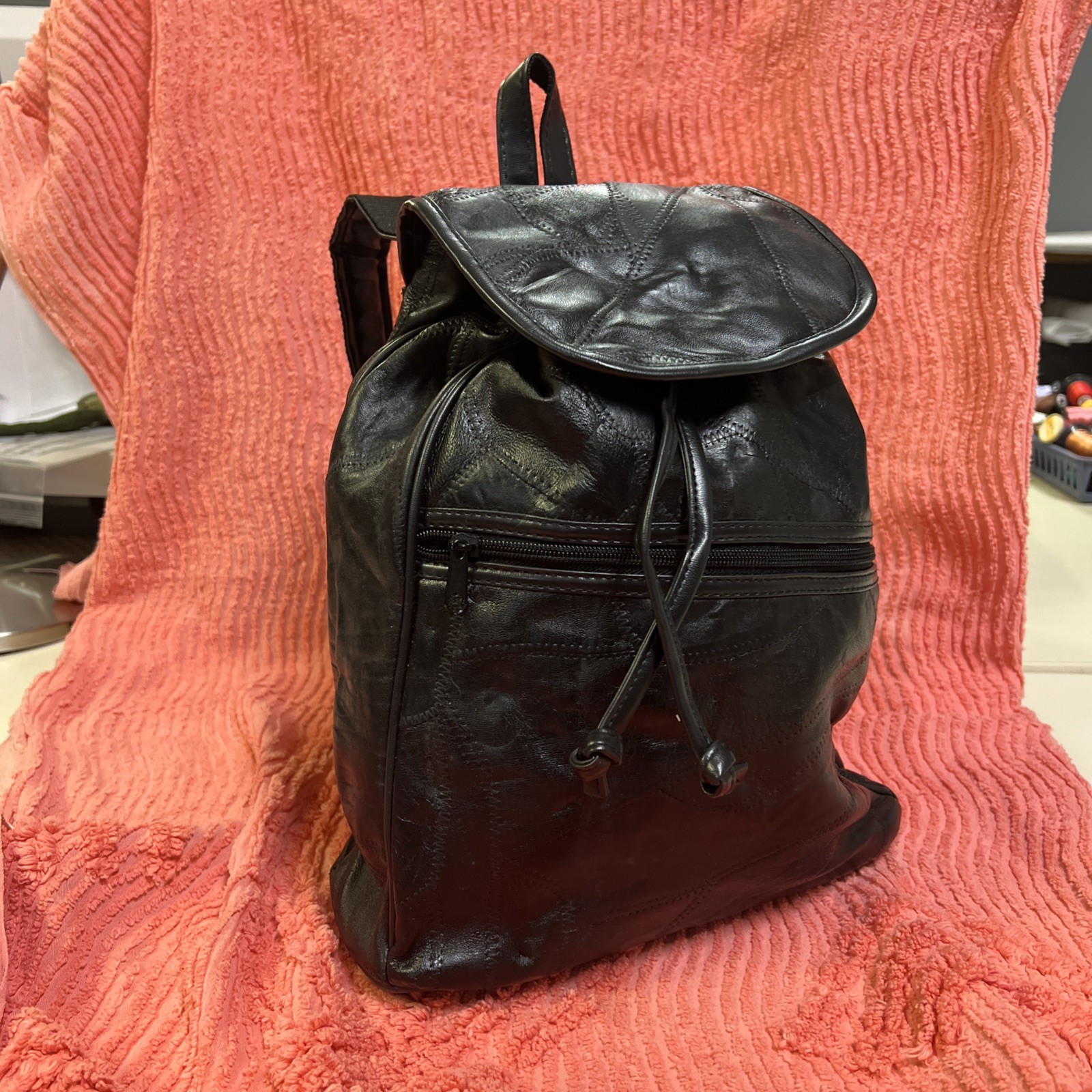 Vintage Black Patchwork Leather Backpack Gold Ton… - image 1