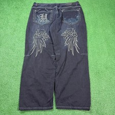 Y2K Wings Black Baggy Embroidered Denim Jeans Wide Leg 40x30 Streetwear