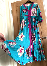 Monsoon Bonita Turquoise Blue Retro Print Kaftan Style Midi Dress, Size S, 10