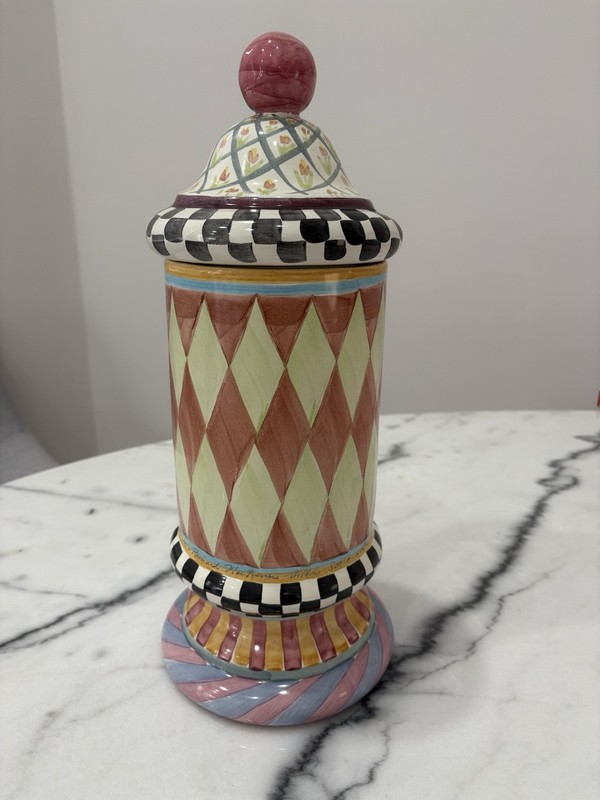 Signed MacKenzie-Childs Odd Fellows Ceramic Canister With Lid