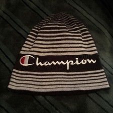 CHAMPION BEANIE HAT MEN'S REVERSIBLE OS BLACK EMBROIDERED LOGO DESIGN