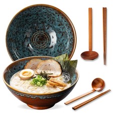 8 Inch Ceramic Ramen Bowl Set of 2, 40oz Japanese Bowls with Spoons Chopsti...