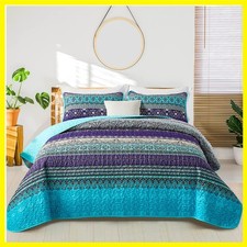 Boho California King Quilt Bedding Set, 3 PCS Bedspread,Blue  Bohemian Light...