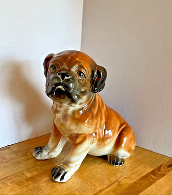 Vintage Japan Porcelain Sitting Boxer Dog Puppy 7'' High - SUPER SWEET PUP