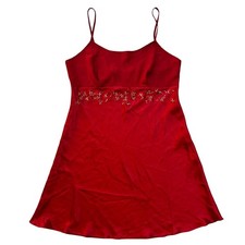 Vintage 90s Delicates Red Satin Slip Dress M Floral Embroidery Y2K Coquette